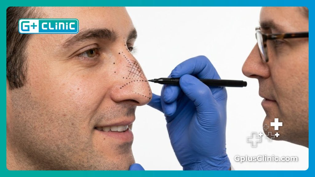 Close-up of surgeon drawing precise surgical markings on a male nose