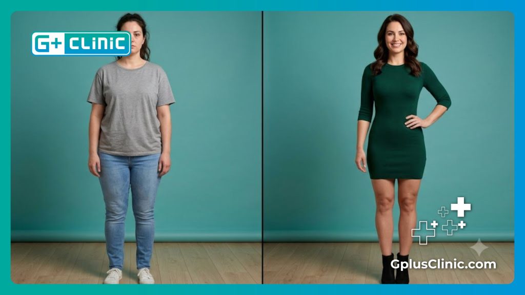 Split screen showing thigh lift transformation before and after