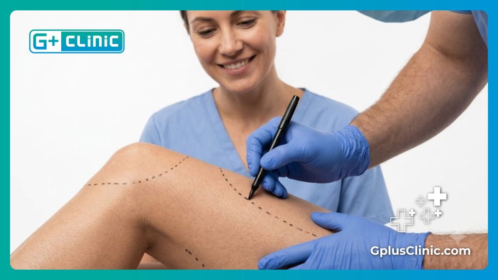 Precise surgical markings on the patient's thighs for perfect results