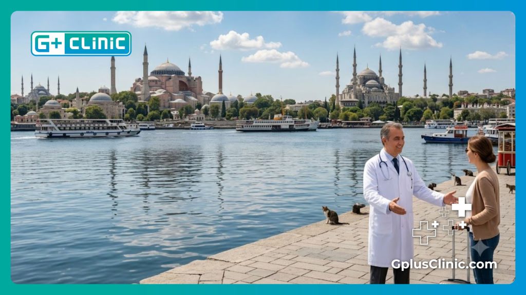 Friendly doctor welcoming a patient with the Istanbul skyline in the background