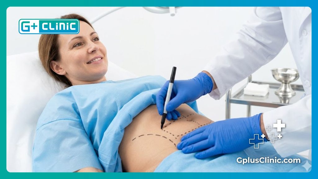 Marcaje prequirúrgico con líneas punteadas negras en la zona abdominal del paciente antes de la intervención.