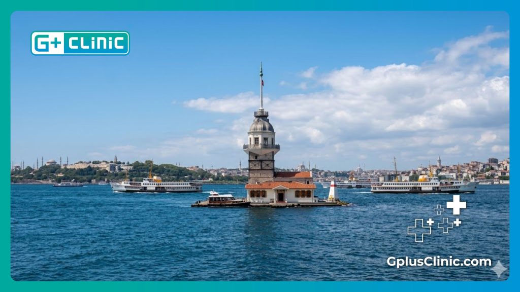 Doctor especialista dando la bienvenida a Estambul junto a una magnífica fotografía real de la Torre de la Doncella.