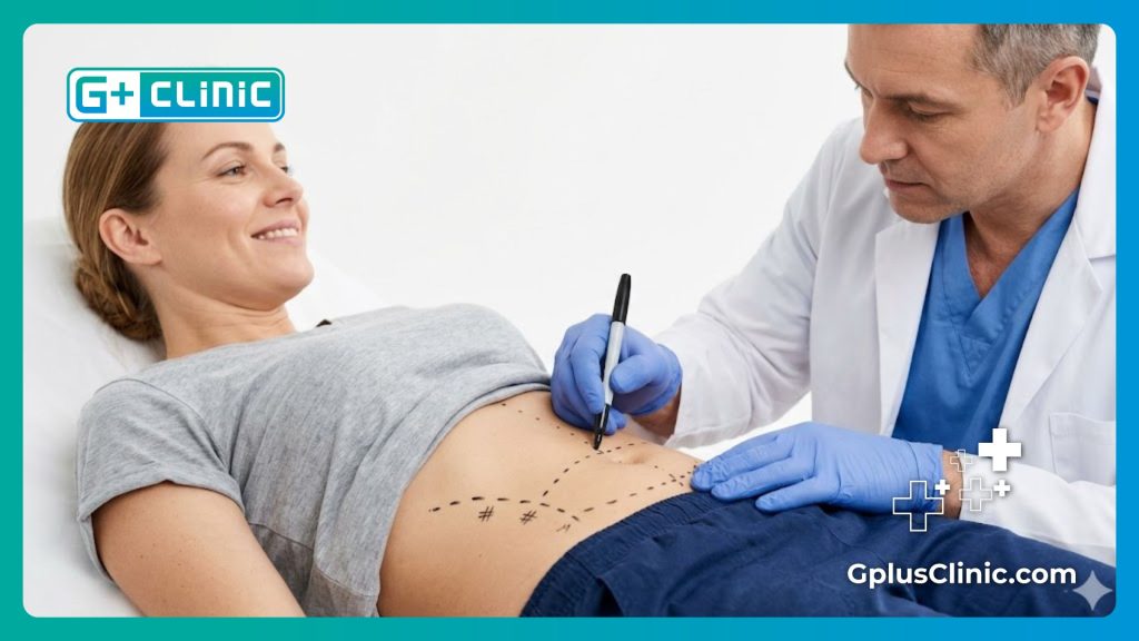 Enfoque detallado de un especialista marcando pautas quirúrgicas en el abdomen.