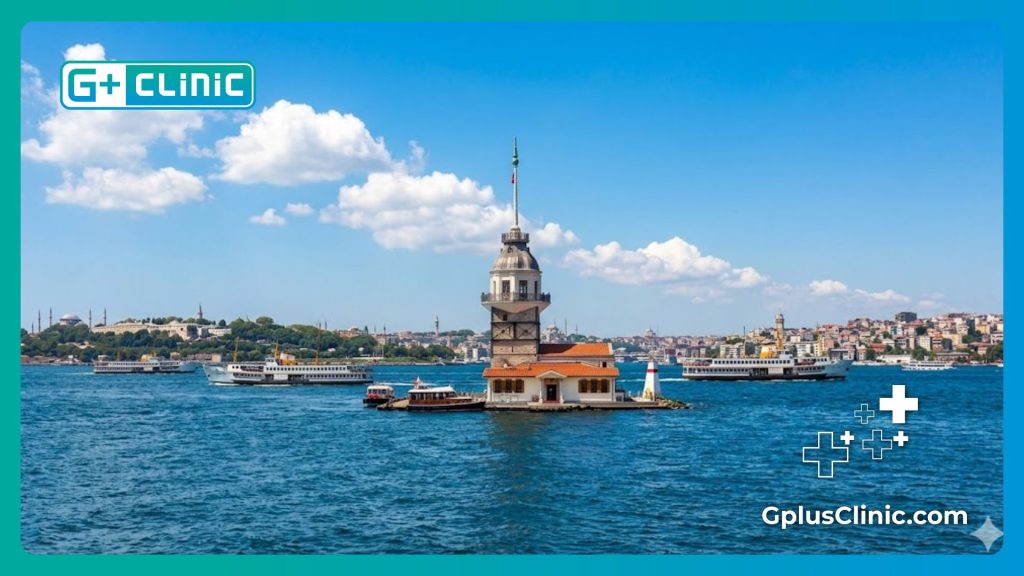 Яркий солнечный вид на пролив Босфор и Девичью башню в Стамбуле