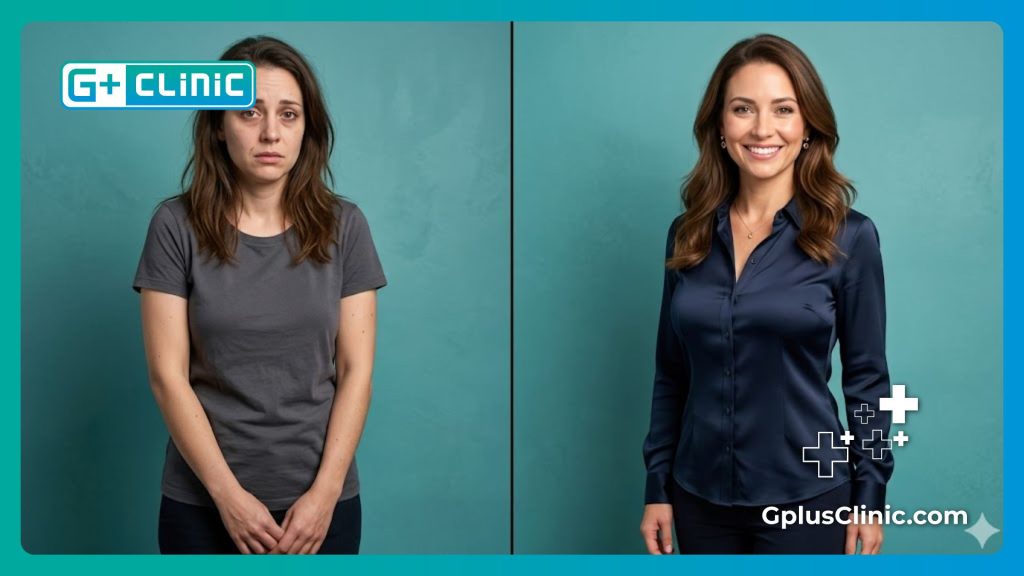 Comparación del antes y después que muestra una cirugía de senos exitosa y segura