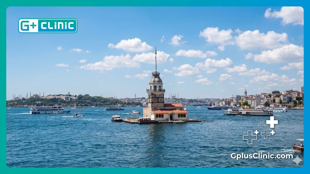Vista soleada de la Torre de la Doncella en el estrecho del Bósforo en Estambul