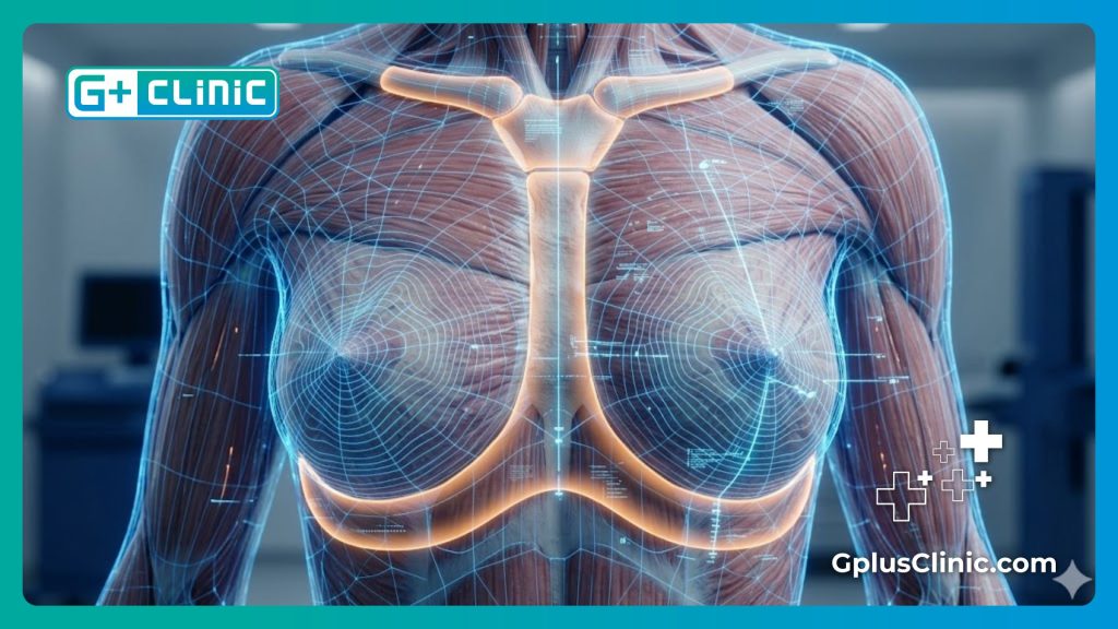 Цифровое 3D-сканирование анатомии груди с выделенными зонами безопасности для предотвращения рисков.