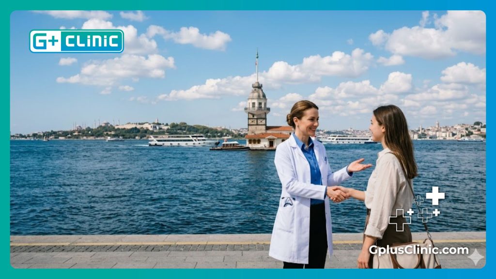 Пластический хирург приветствует пациентку в Стамбуле на фоне пролива Босфор.
