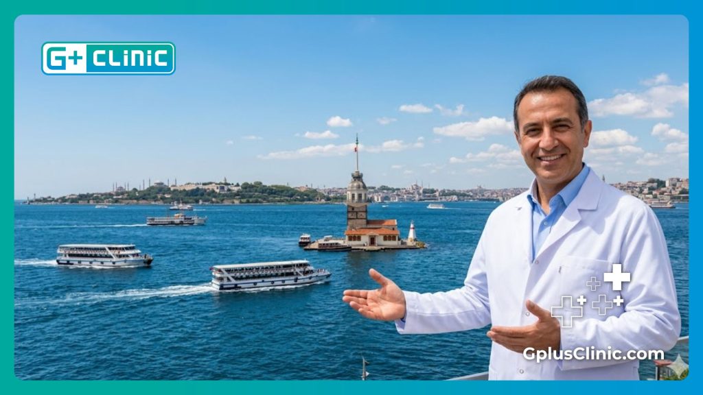 Doctor dando la bienvenida a la paciente en Estambul cerca del Bósforo