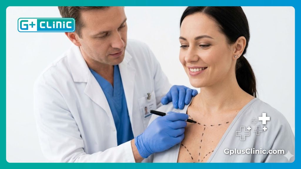 Cinematic focus on the flawless and beautiful medical outcome after a successful breast lift surgery showing patient confidence.