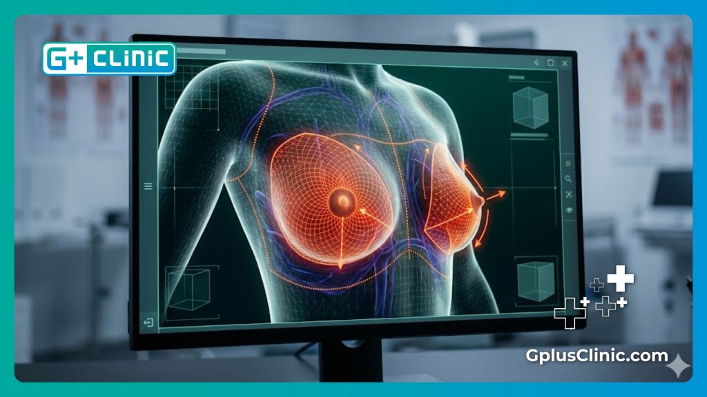 Modélisation numérique 3D détaillant la zone d'intervention mammaire