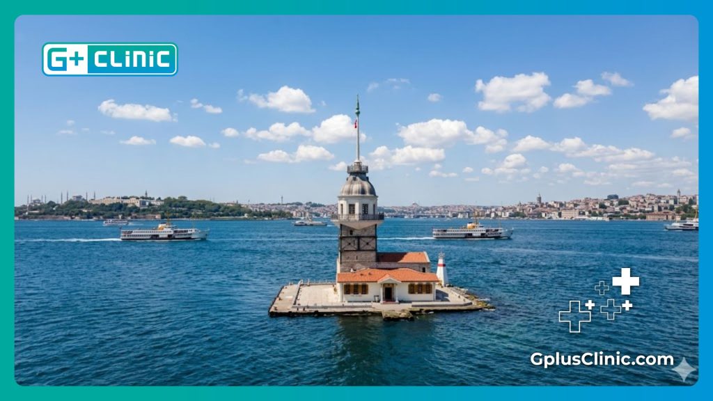 Фотография достопримечательностей Стамбула, Девичья башня на фоне голубого Босфора в солнечный день.