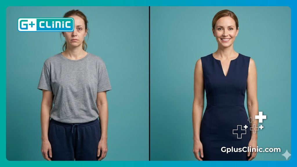 Split-screen comparison showing symmetrical and natural aesthetic results