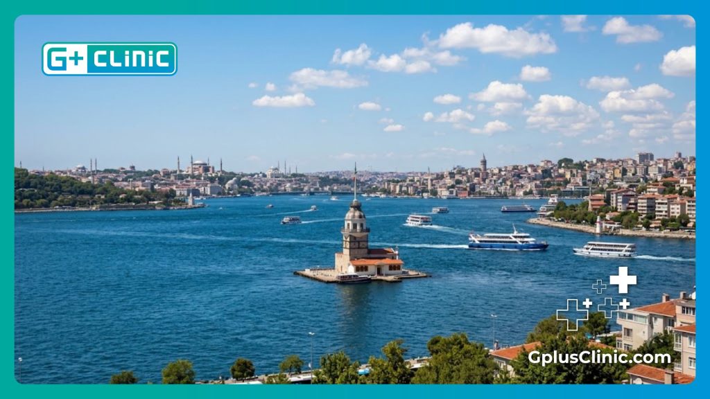 Friendly medical staff welcoming an international patient to Istanbul with the Bosphorus strait background.