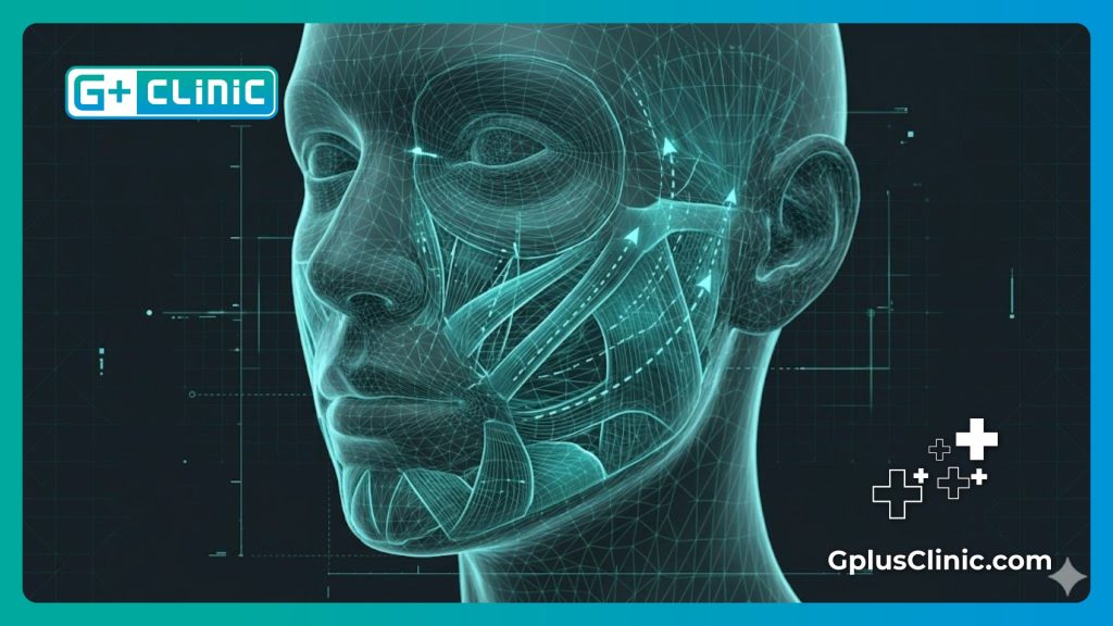 High-tech digital 3D mesh scanning and visualizing cheek facial muscle anatomy.