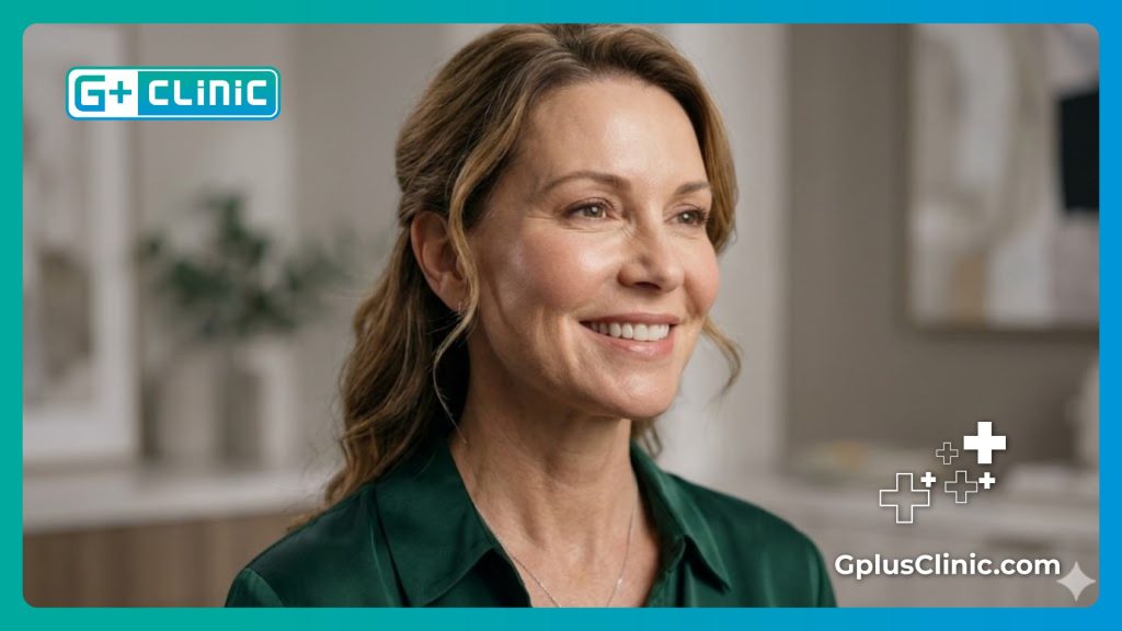 Beautiful and natural anti-aging results of a successful cheek lift procedure on a confident woman.
