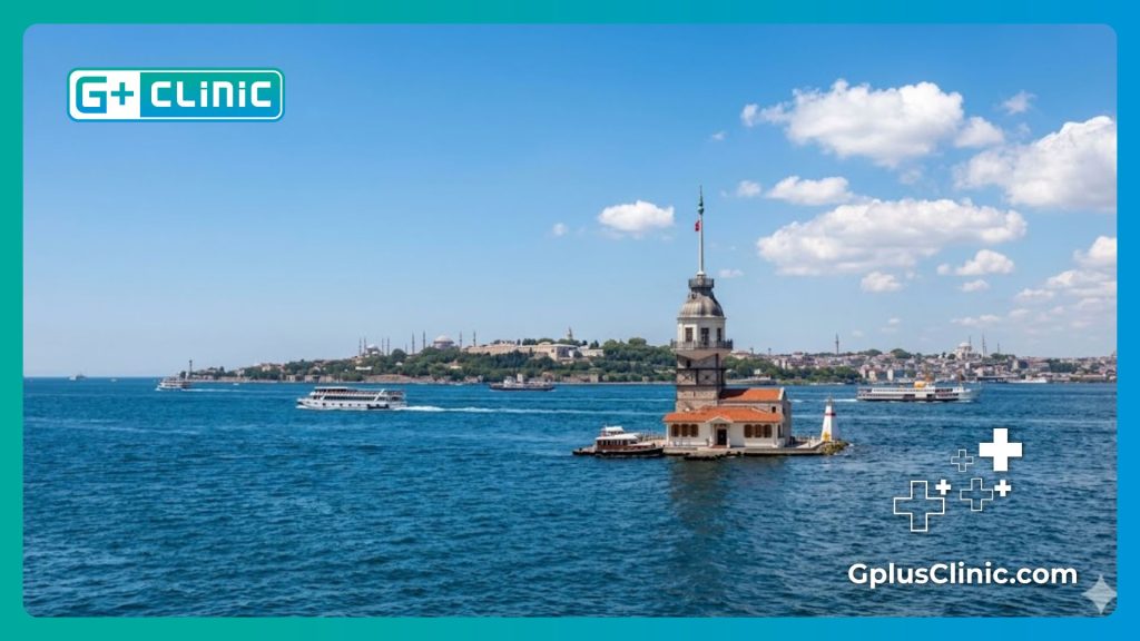 Clear daytime view of the historic Maiden's Tower on the Bosphorus Strait in Istanbul.