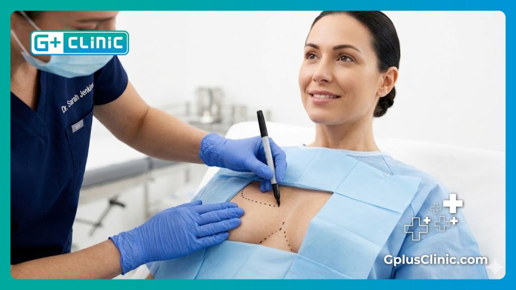 Medical specialist placing precise surgical guide markings on the patient for a breast enhancement operation.
