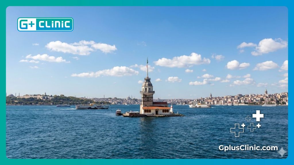 Authentic view of the Bosphorus Strait and Maiden's Tower landmark in Istanbul, Turkey.