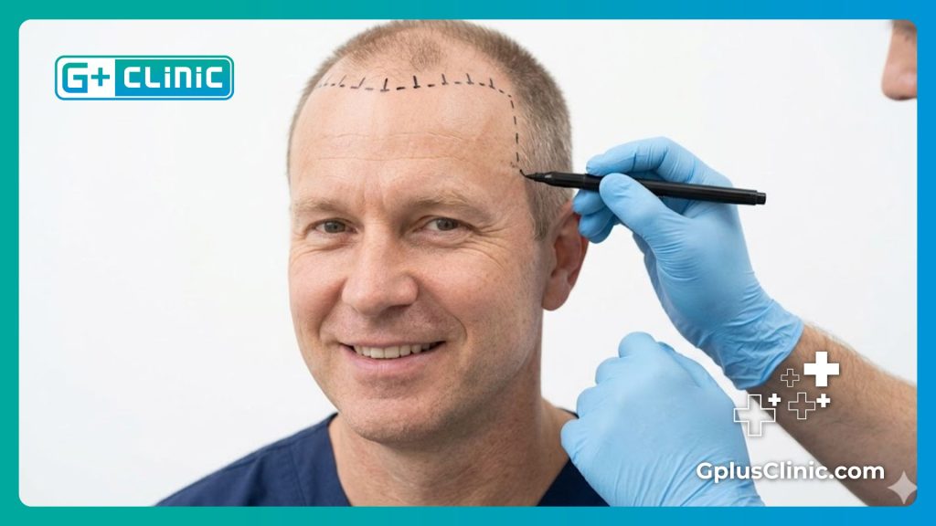Close-up of perfect hair transplant hairline planning markings on a patient's head.