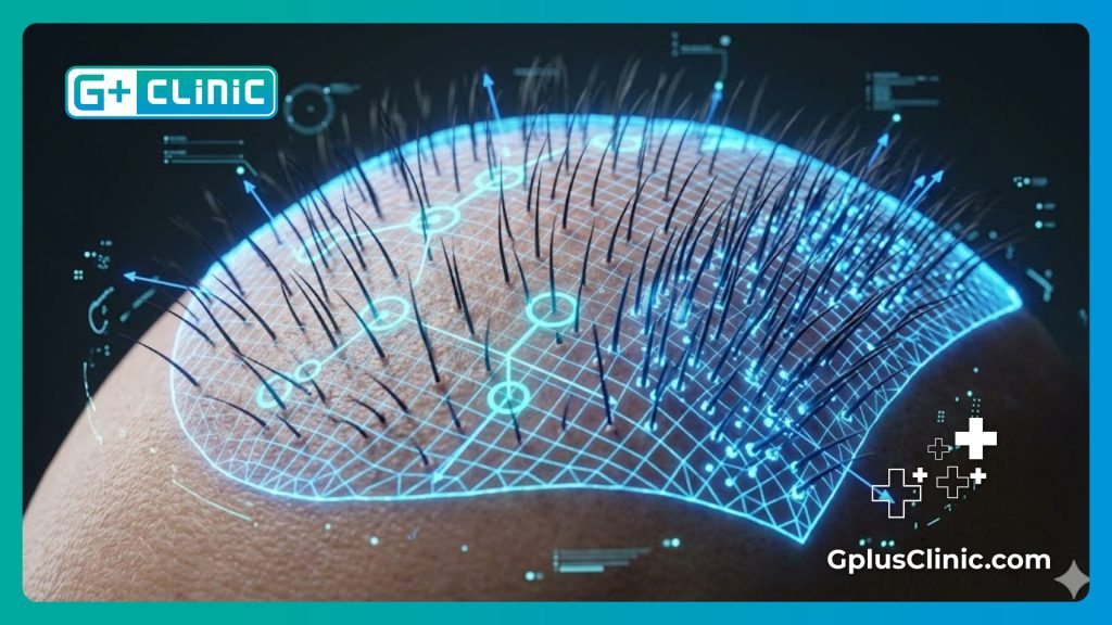 High-tech digital macro scan of the scalp and hair follicles for precise implantation mapping.