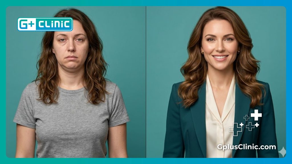 Medical visual graphic displaying jawline definition and neck submental fat reduction patterns.
