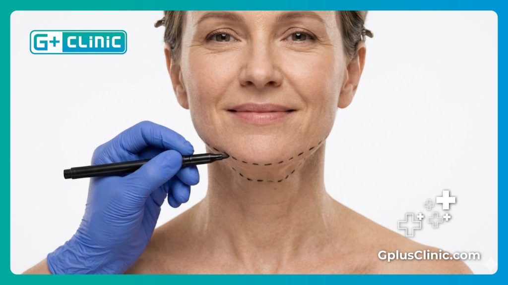 Close-up of a surgeon marking the submental neck area for dynamic jawline contouring.