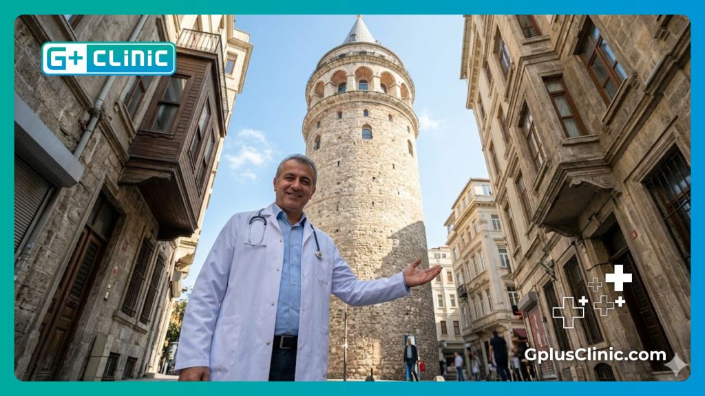 Friendly medical professional welcoming patient near Galata Tower in Istanbul