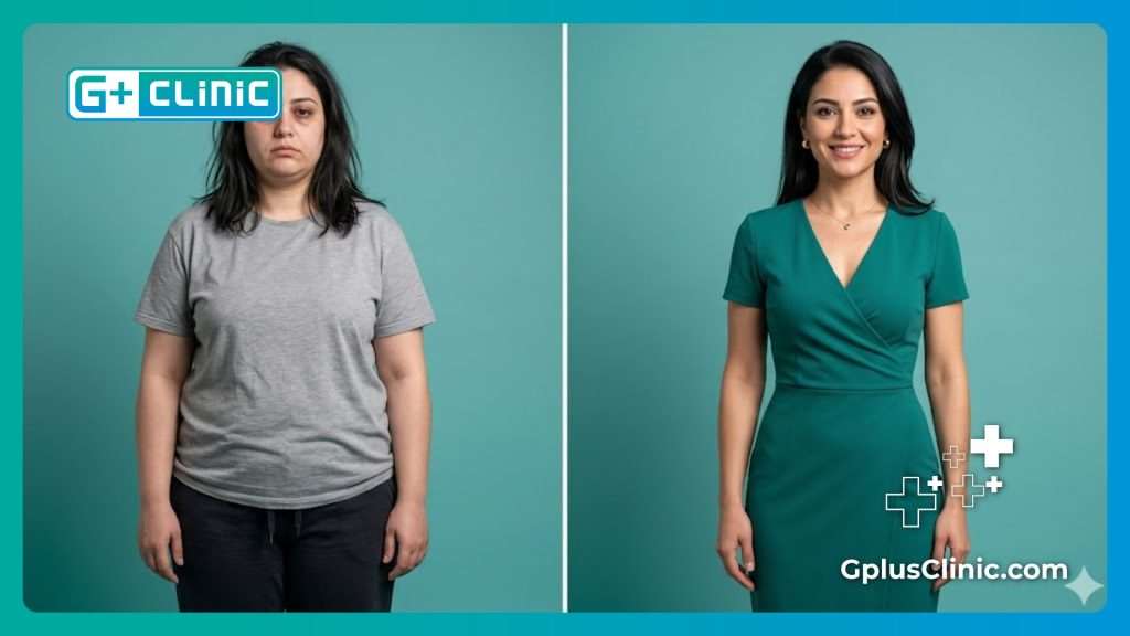 Dramatic split-screen before and after transformation from weight loss surgery.