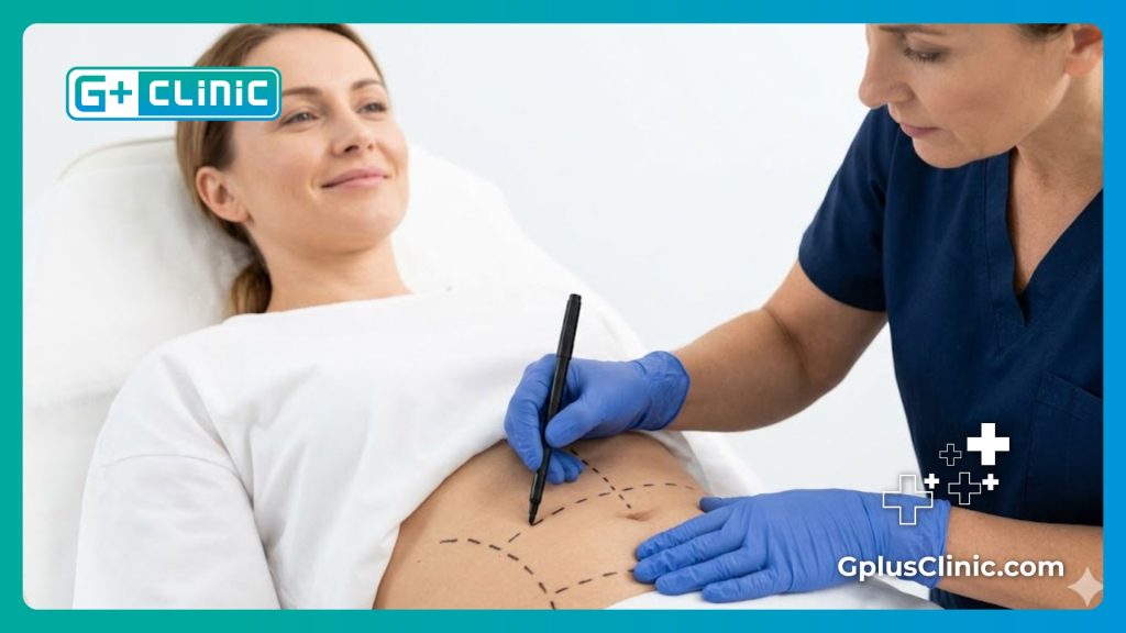 Close-up of a surgeon making precise preoperative markings on a patient's abdomen.