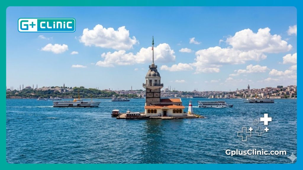 Beautiful sunny day view of the Maiden's Tower in Istanbul, Turkey.