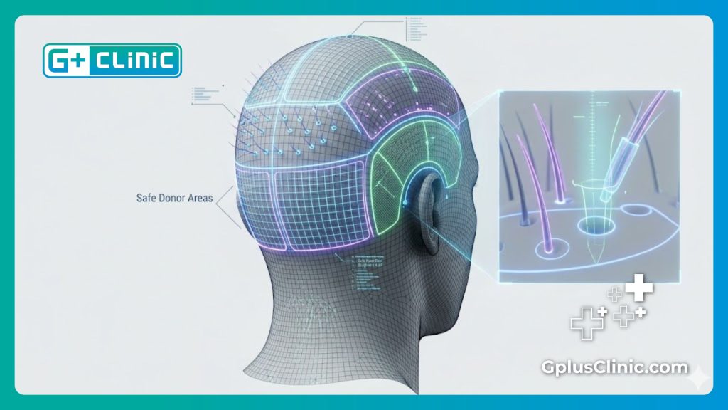 Scan de surface numérique et maillage technologique de la zone d'implantation capillaire.