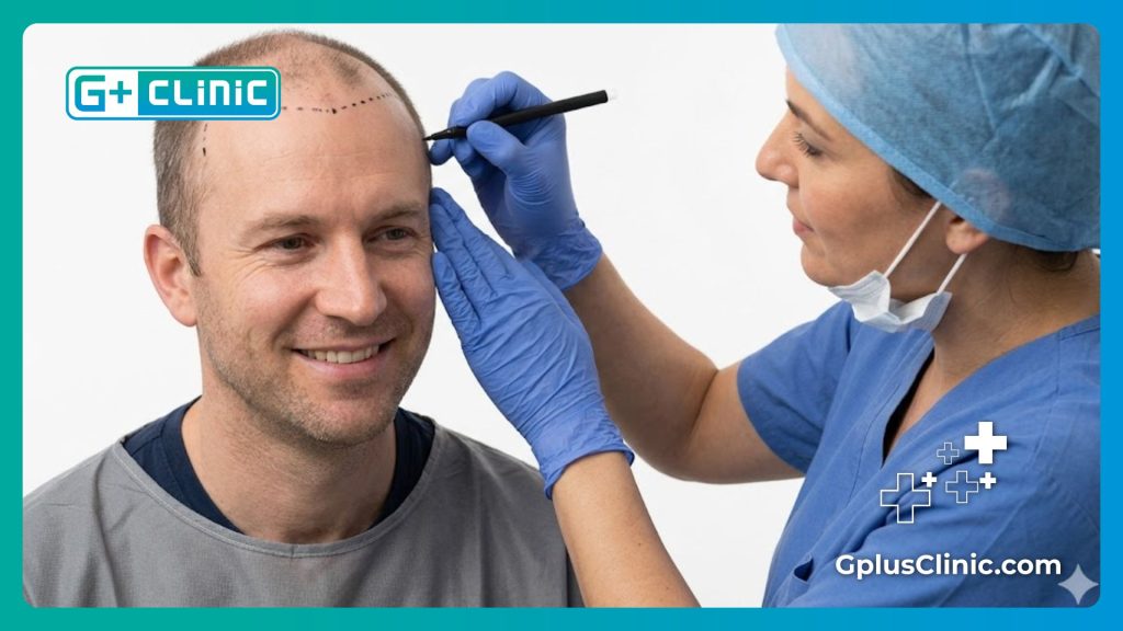 Cirujano trazando con precisión la nueva línea del cabello en el paciente.