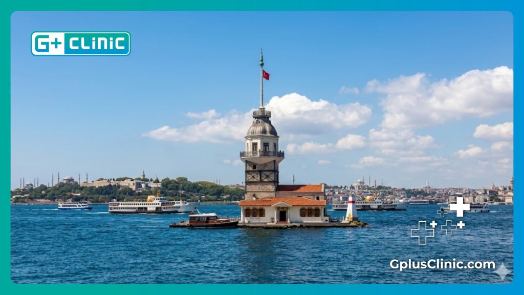 Vista de la Torre de la Doncella en el Bósforo, destino médico en Estambul.