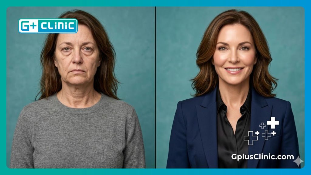 Comparaison sur écran divisé montrant le résultat parfait d'un rajeunissement du visage.