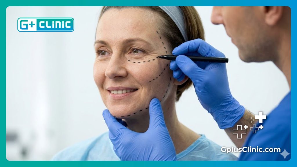 Chirurgien marquant des lignes directrices chirurgicales sur le visage d'un patient calme.