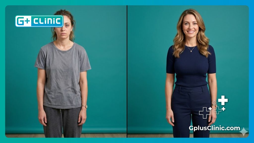 Split-screen showing the natural before and after transformation of fat transfer.
