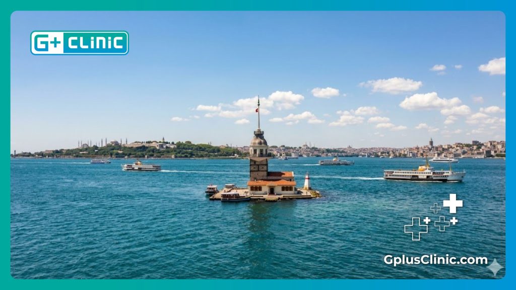 Professional medical expert welcoming international patients to Istanbul with the Bosphorus Strait background.