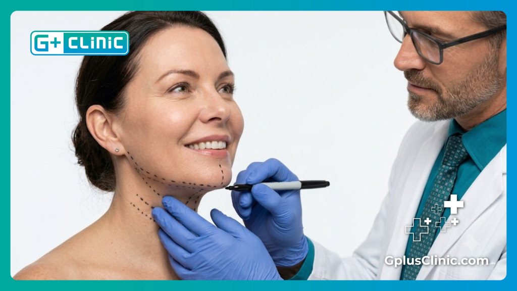 Cirujano dibujando líneas de guía quirúrgica precisas en el cuello de una paciente sonriente.