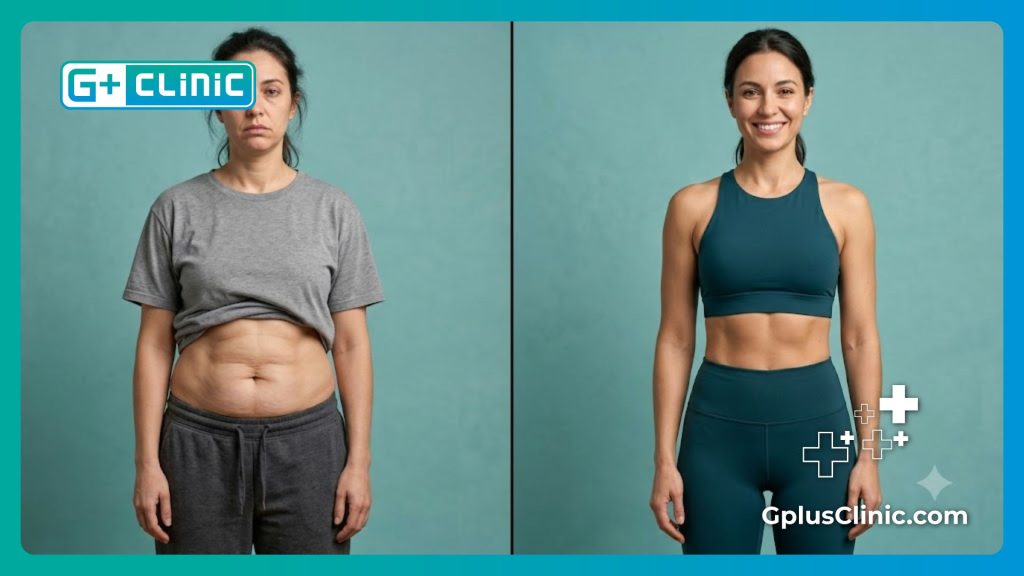 Split screen showing a successful digital scan and body contouring transformation