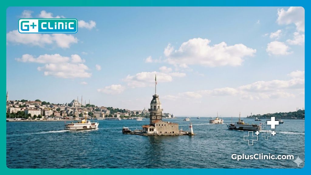 طبيب تجميل يرحب بالمريض أمام برج غلطة التاريخي في إسطنبول.