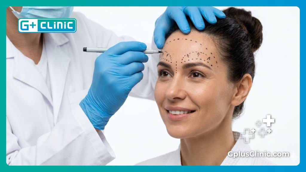 Surgeon drawing professional surgical guidelines on a patient's forehead before procedure