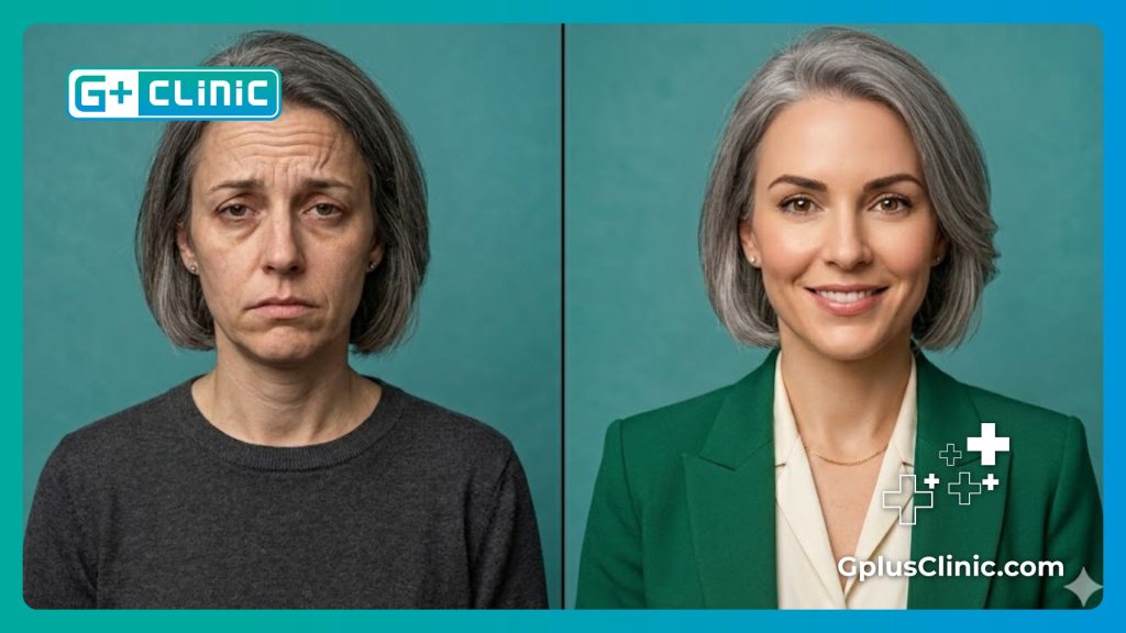 Split screen showing safe and successful before and after results of a brow procedure