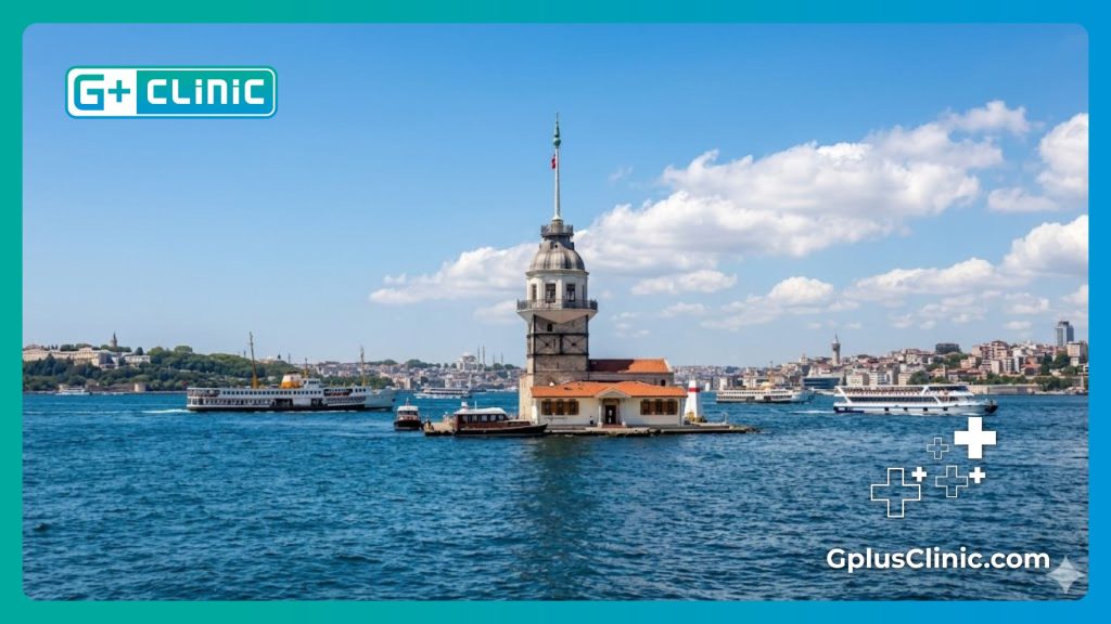Un médecin accueillant les patients à Istanbul devant un panorama du détroit du Bosphore.