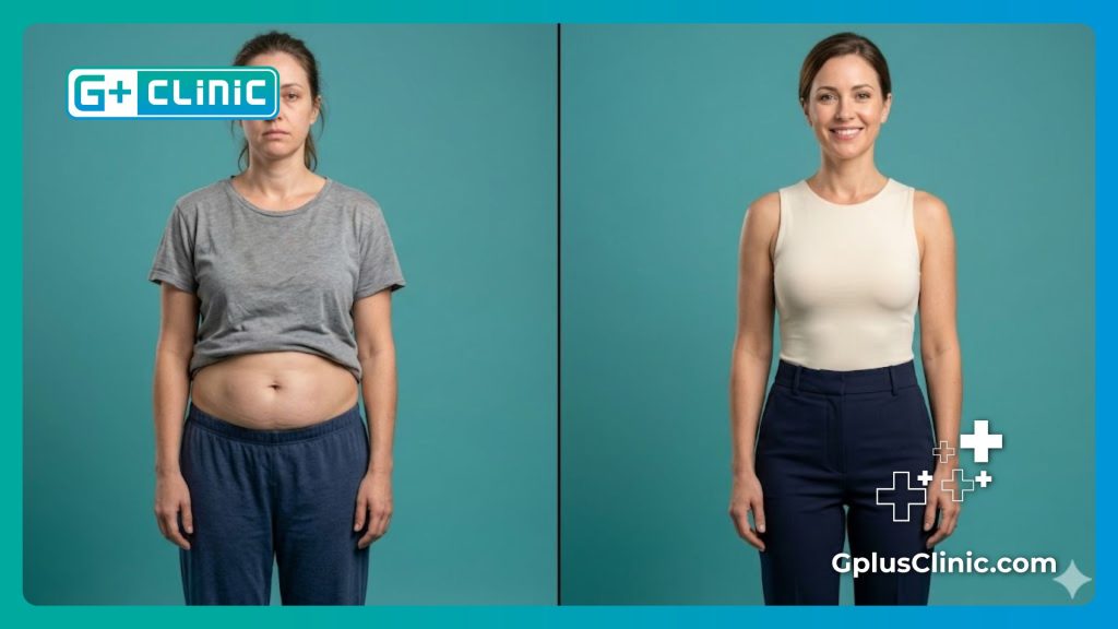High-tech digital medical mesh visualization detailing abdominal contouring and fat reduction areas.