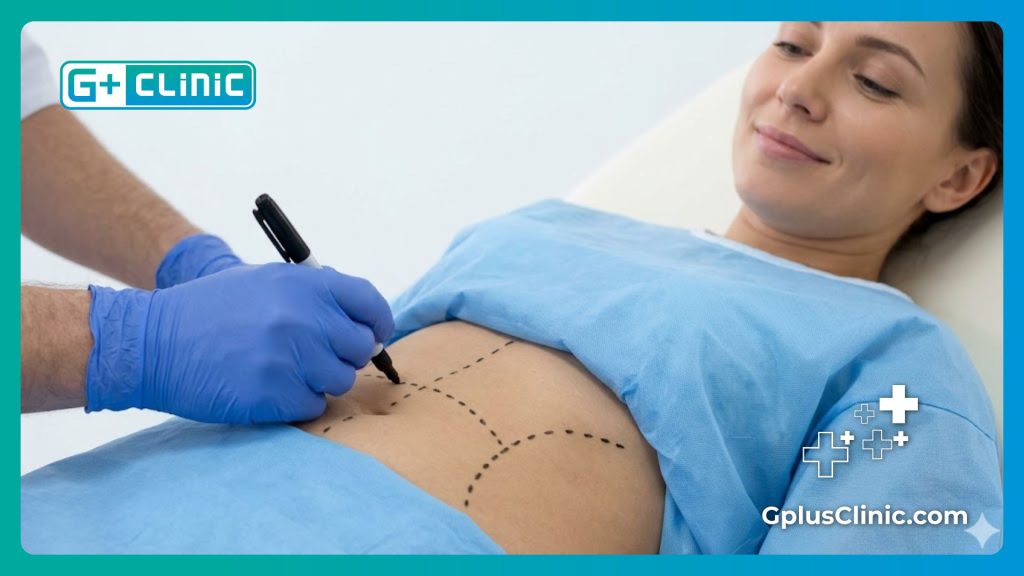 Close-up of a plastic surgeon marking guidelines on a patient's abdomen for precise treatment results.