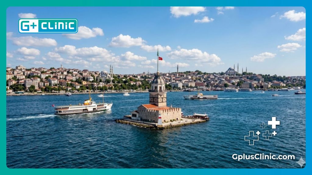 Professional medical consultation invite featuring the historic Maiden's Tower in the Bosphorus, Istanbul.