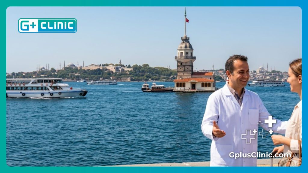 Doctor welcoming a patient for their surgery with the Istanbul Bosphorus in the background.