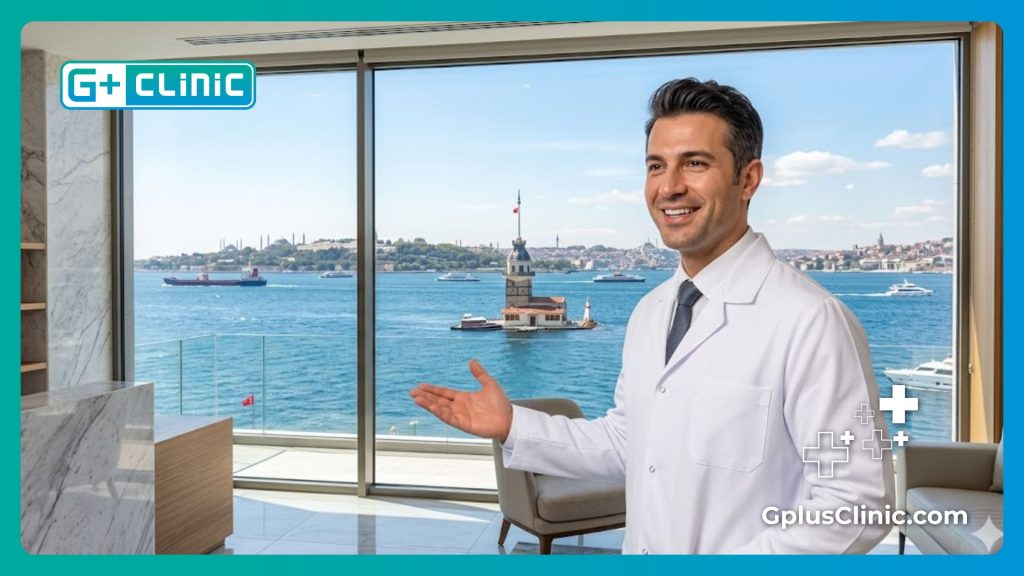 Especialista médico dando la bienvenida en una moderna clínica con vistas panorámicas a Estambul