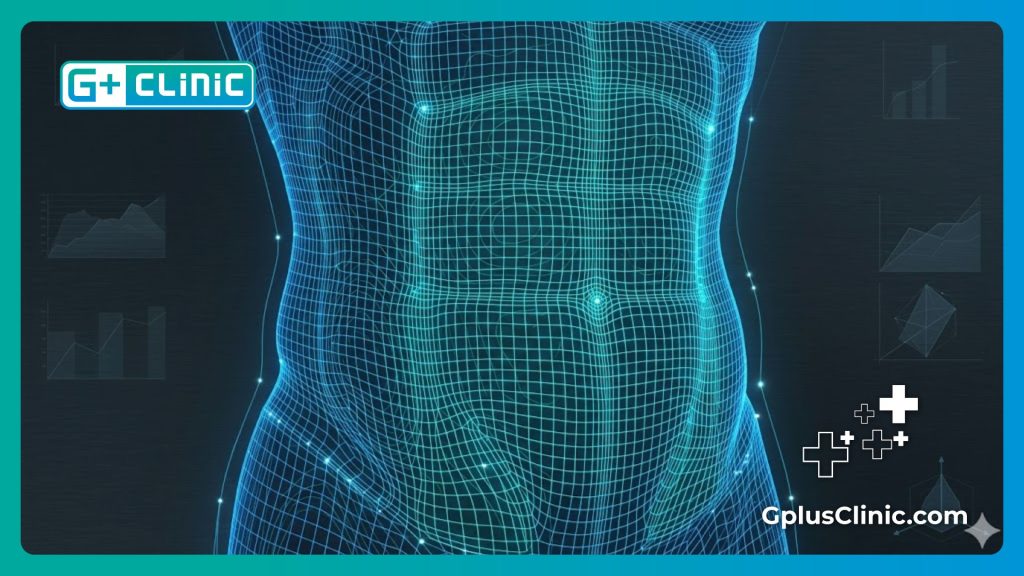 High-tech digital mesh grid scan visualizing safe anatomical zones for body contouring